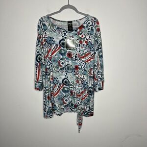 Pure Essence Shirt Womens Extra Large‎ Multi Abstract Floral Tie Hem 3/4 Sleeve